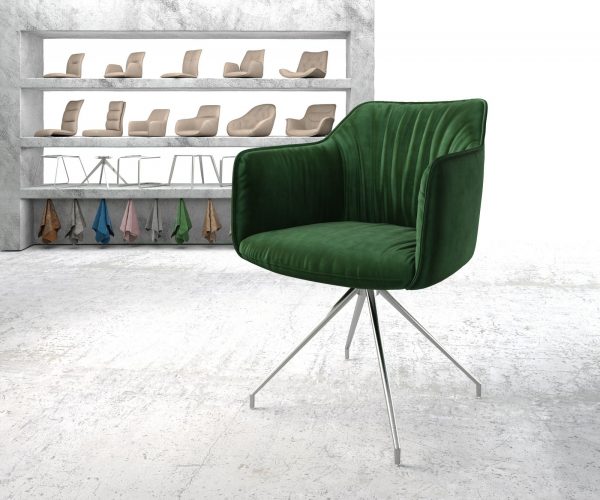 Otočná židle Elda-Flex s područkami Velvet Green Cross Frame Conical Stainless Steel 180° Swivel