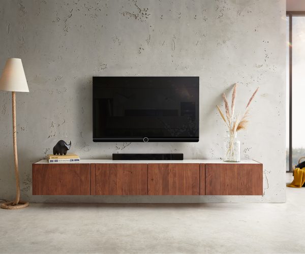 TV stolík Secara 220 cm akáciová hnedá 4 dvierka mramorový záves