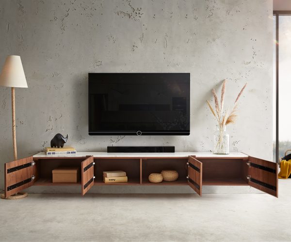 TV stolík Secara 220 cm akáciová hnedá 4 dvierka mramorový záves - Image 4