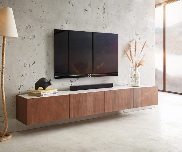 TV stolík Secara 220 cm akáciová hnedá 4 dvierka mramorový záves - Image 2