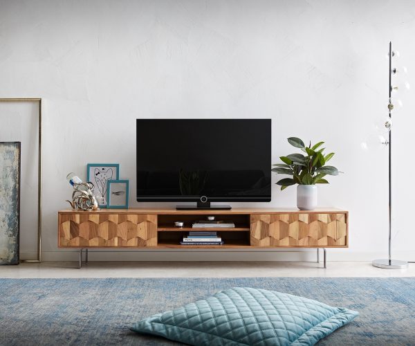 TV stolík Fevo 200 cm akácia prírodná 2 dvierka podstavec v tvare L - Image 2