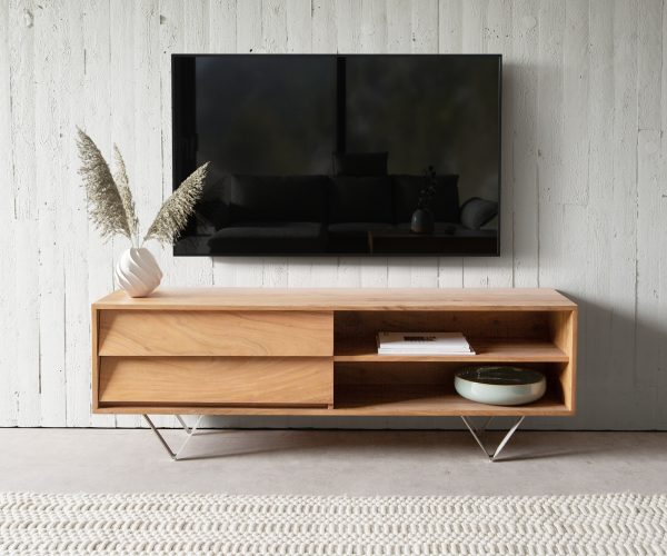 TV stolek Eloi 145x35 cm přírodní akácie 2 šuplíky 2 přihrádky podnož "V" nerezová ocel - Image 2