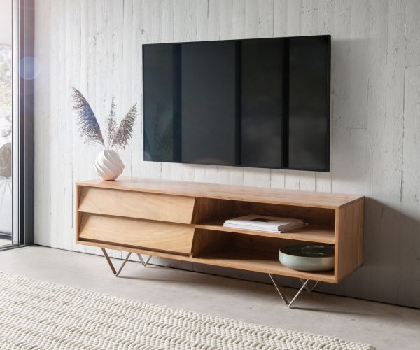 TV stolek Eloi 145x35 cm přírodní akácie 2 šuplíky 2 přihrádky podnož "V" nerezová ocel