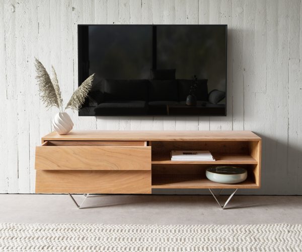 TV stolek Eloi 145x35 cm přírodní akácie 2 šuplíky 2 přihrádky podnož "V" nerezová ocel - Image 4