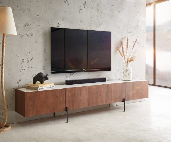 TV stolík Secara 220 cm akáciová hnedá 4 dvierka mramorový podstavec čierny - Image 2