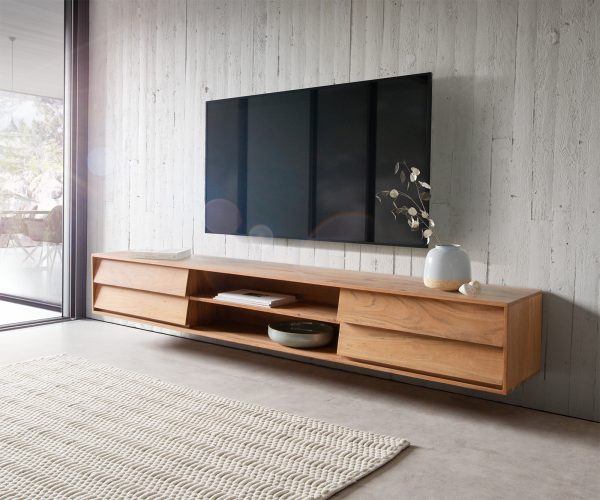 TV stolek Eloi 240x35 cm přírodní akácie 4 šuplíky závěsný