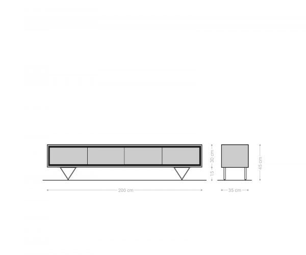 TV stolík Stonegrace 200 cm Akácia hnedá kamenina 4 dvierka Podstavec v tvare V čierny - Image 6