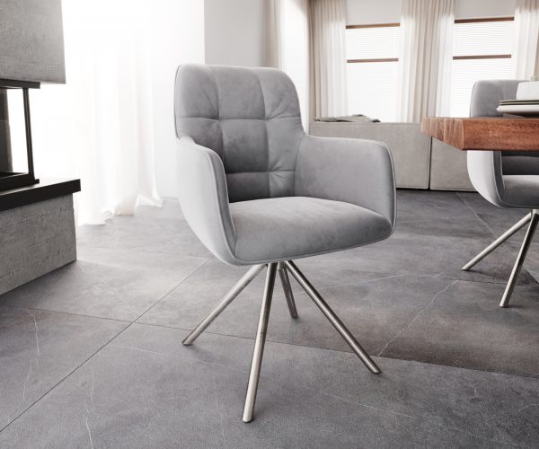 Otočná židle Juno-Flex s područkami Velvet Grey Cross Base Round Stainless Steel 180° Swivel